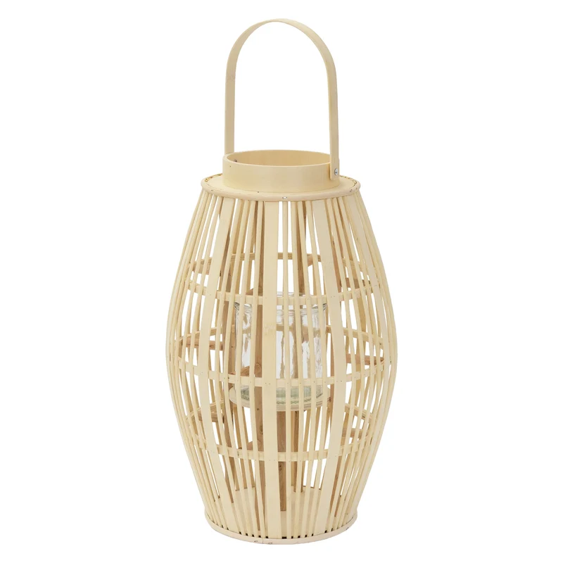 ECD Germany | Bambus Laterne oval Windlicht mit Henkel & Glaseinsatz, Natur/Grau, Boho Gartenlaterne, Flechtoptik Kerzenhalter