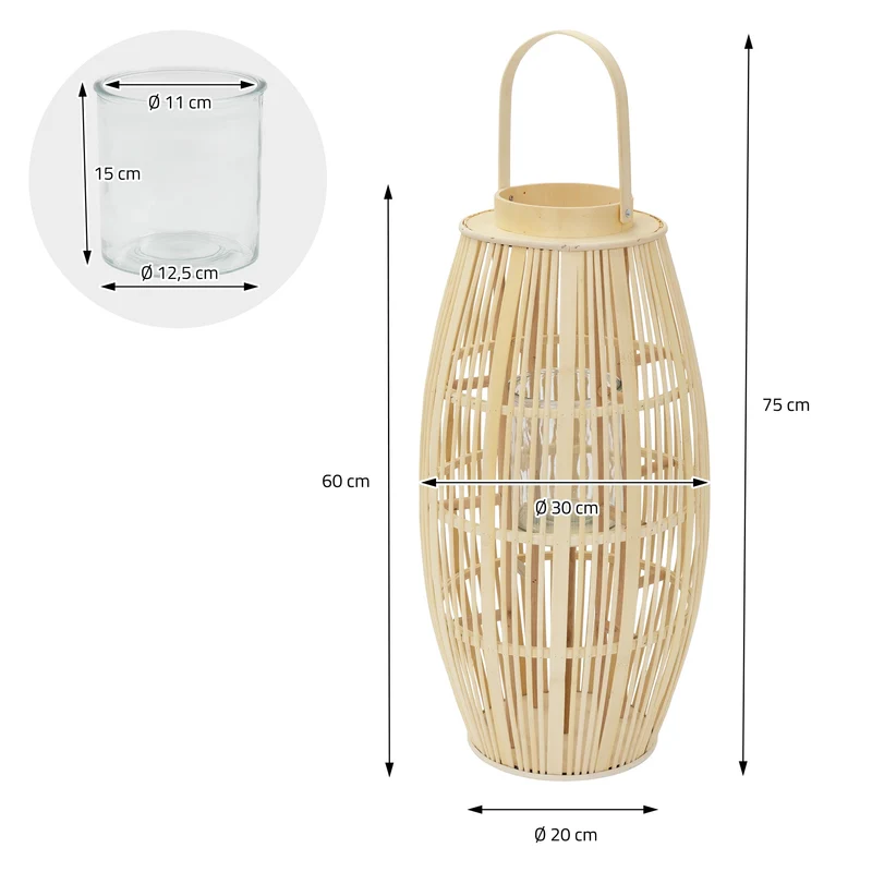 ECD Germany | Bambus Laterne oval Windlicht mit Henkel & Glaseinsatz, Natur/Grau, Boho Gartenlaterne, Flechtoptik Kerzenhalter