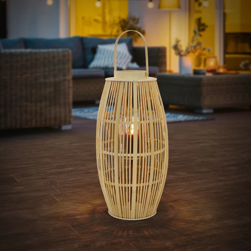 ECD Germany | Bambus Laterne oval Windlicht mit Henkel & Glaseinsatz, Natur/Grau, Boho Gartenlaterne, Flechtoptik Kerzenhalter