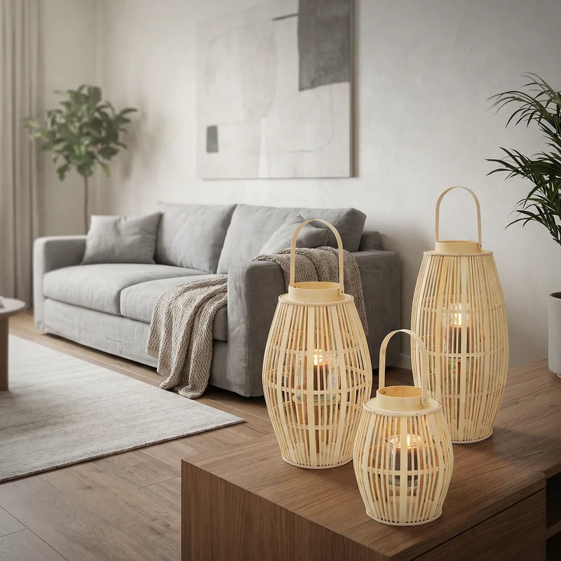 ECD Germany | Bambus Laterne oval Windlicht mit Henkel & Glaseinsatz, Natur/Grau, Boho Gartenlaterne, Flechtoptik Kerzenhalter