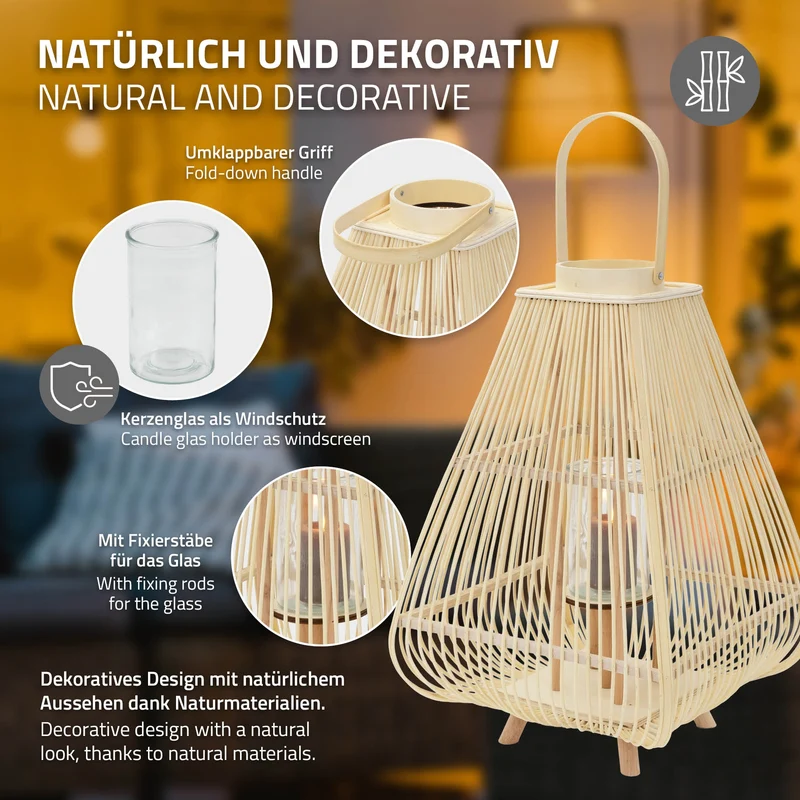 ECD Germany | Bambus Laterne viereck Windlicht mit Henkel & Glaseinsatz, Natur/Grau, Boho Gartenlaterne, Flechtoptik Kerzenhalter