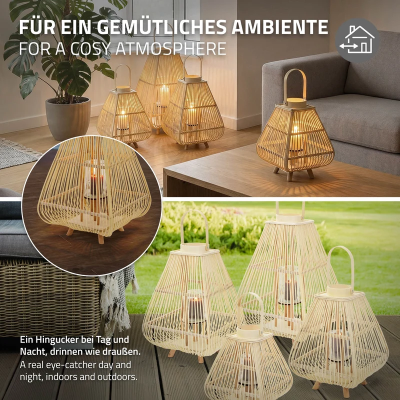 ECD Germany | Bambus Laterne viereck Windlicht mit Henkel & Glaseinsatz, Natur/Grau, Boho Gartenlaterne, Flechtoptik Kerzenhalter