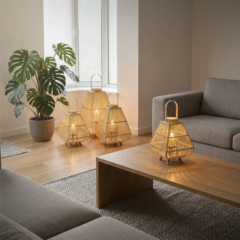 ECD Germany | Bambus Laterne viereck Windlicht mit Henkel & Glaseinsatz, Natur/Grau, Boho Gartenlaterne, Flechtoptik Kerzenhalter