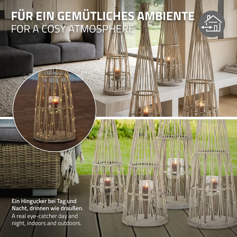 ECD Germany | Bambus Laterne Tipi Windlicht mit Glaseinsatz Holzfarbe, Boho Gartenlaterne, Flechtoptik Kerzenhalter