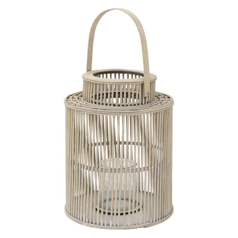 ECD Germany | Bambus Laterne rund Windlicht mit Henkel & Glaseinsatz, Natur/Grau, Boho Gartenlaterne, Flechtoptik Kerzenhalter