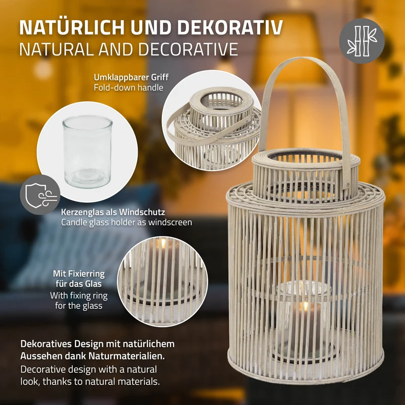 ECD Germany | Bambus Laterne rund Windlicht mit Henkel & Glaseinsatz, Natur/Grau, Boho Gartenlaterne, Flechtoptik Kerzenhalter