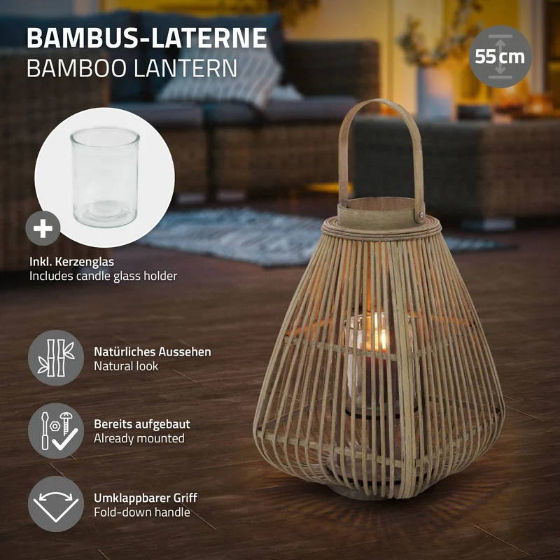 ECD Germany | Bambus Laterne viereck Windlicht mit Henkel & Glaseinsatz, Natur/Grau, Boho Gartenlaterne, Flechtoptik Kerzenhalter