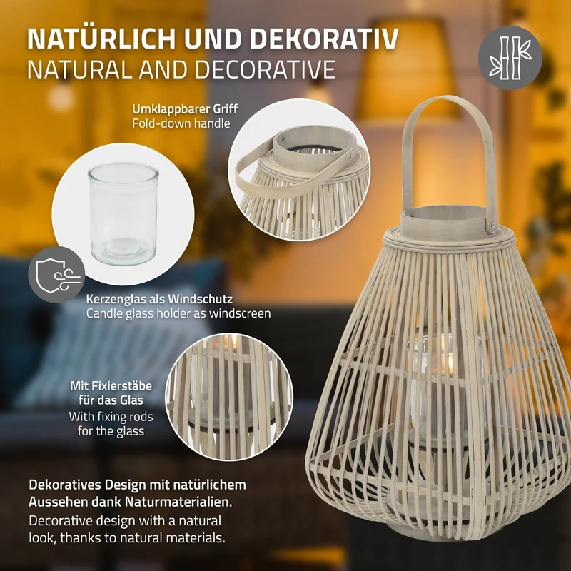 ECD Germany | Bambus Laterne viereck Windlicht mit Henkel & Glaseinsatz, Natur/Grau, Boho Gartenlaterne, Flechtoptik Kerzenhalter