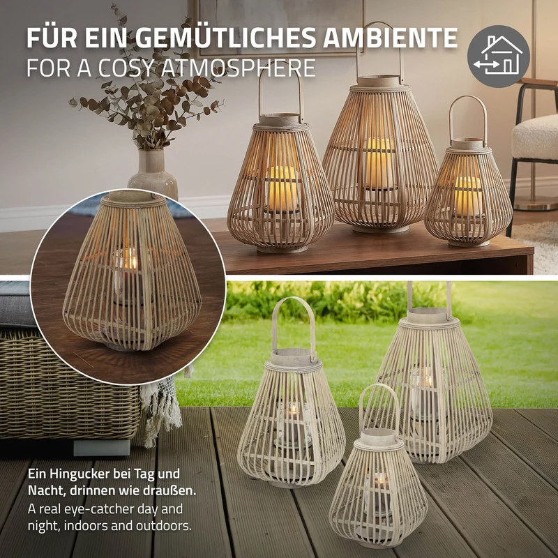 ECD Germany | Bambus Laterne viereck Windlicht mit Henkel & Glaseinsatz, Natur/Grau, Boho Gartenlaterne, Flechtoptik Kerzenhalter