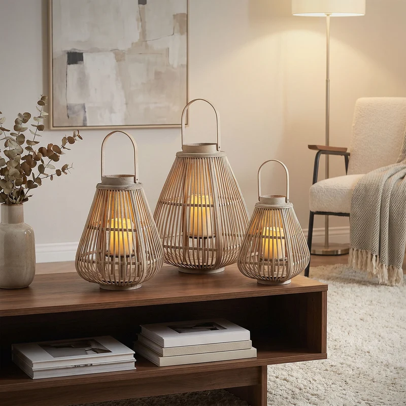 ECD Germany | Bambus Laterne viereck Windlicht mit Henkel & Glaseinsatz, Natur/Grau, Boho Gartenlaterne, Flechtoptik Kerzenhalter