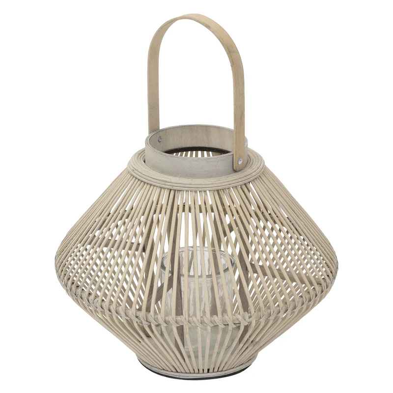 ECD Germany | Bambus Laterne oval Windlicht mit Henkel & Glaseinsatz, Natur/Grau, Boho Gartenlaterne, Flechtoptik Kerzenhalter