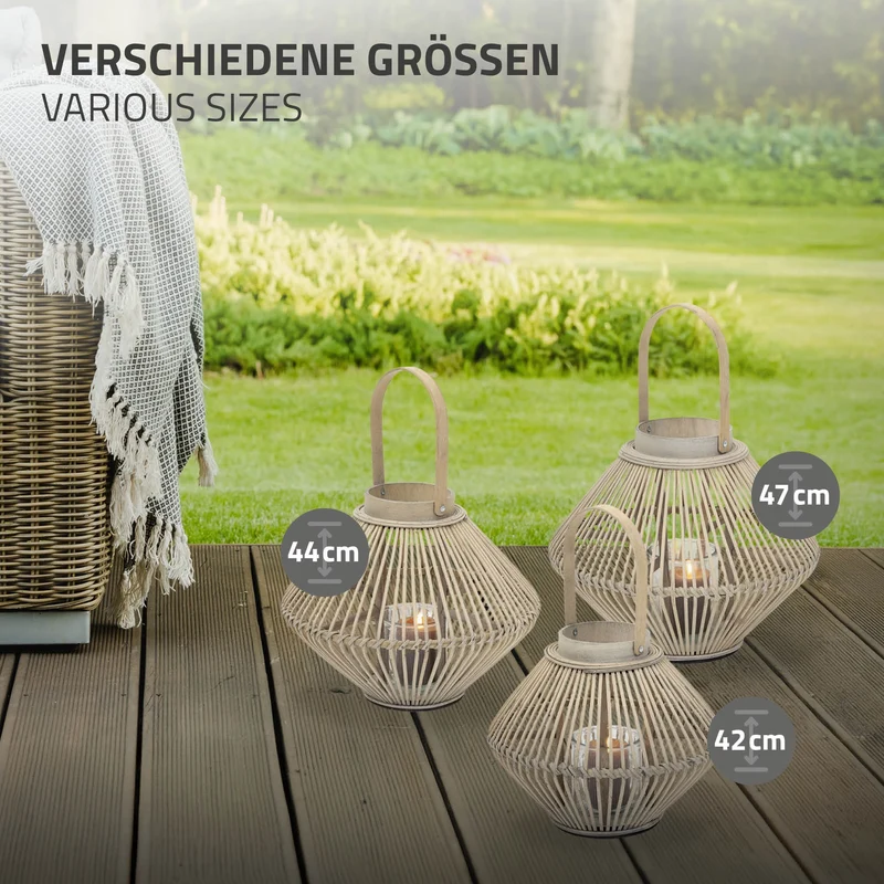 ECD Germany | Bambus Laterne oval Windlicht mit Henkel & Glaseinsatz, Natur/Grau, Boho Gartenlaterne, Flechtoptik Kerzenhalter