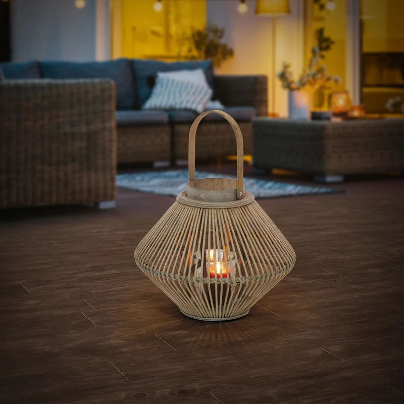 ECD Germany | Bambus Laterne oval Windlicht mit Henkel & Glaseinsatz, Natur/Grau, Boho Gartenlaterne, Flechtoptik Kerzenhalter