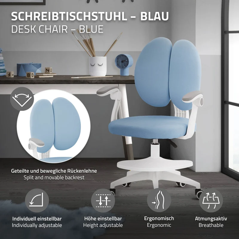 ML-Design | Kinderschreibtischstuhl ergonomisch 360° Drehbarer mit Rückenlehne & Armlehnen 95-107 cm Blau, Jungendstuhl, Kinderstuhl