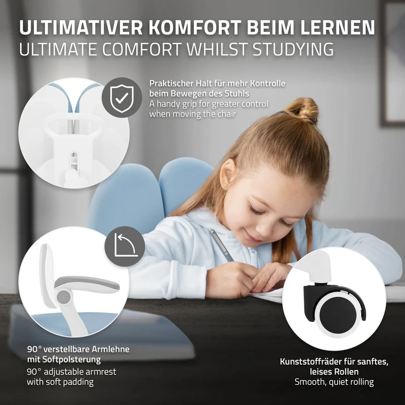 ML-Design | Kinderschreibtischstuhl ergonomisch 360° Drehbarer mit Rückenlehne & Armlehnen 95-107 cm Blau, Jungendstuhl, Kinderstuhl