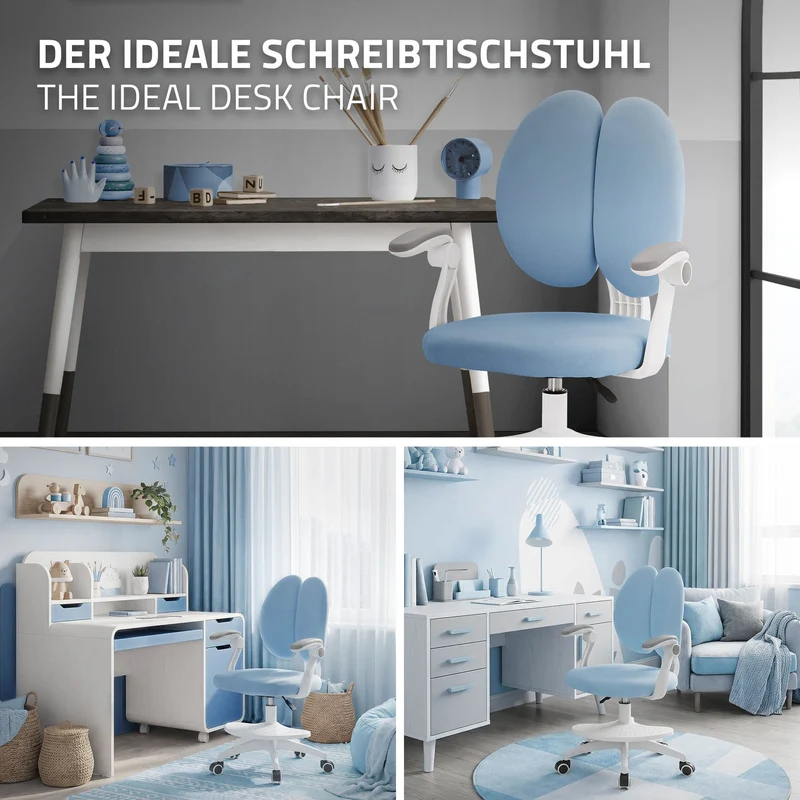 ML-Design | Kinderschreibtischstuhl ergonomisch 360° Drehbarer mit Rückenlehne & Armlehnen 95-107 cm Blau, Jungendstuhl, Kinderstuhl