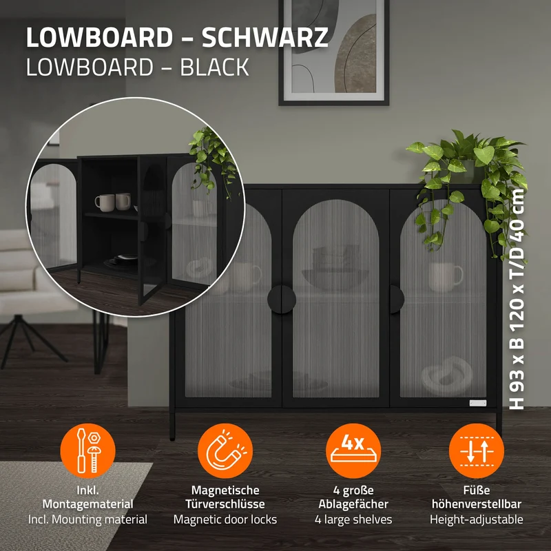 ML-Design | Vitrinenschrank mit 4 Ablage-/Regalfächer 120x93x40 cm, Vitrine aus Stahl