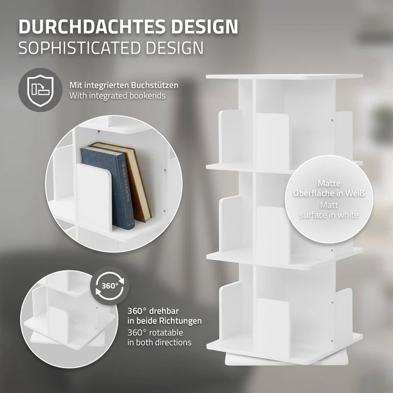 ML-Design | Bücherregal 360° drehbare mit Ebenen & Fächern, freistehend Standregal