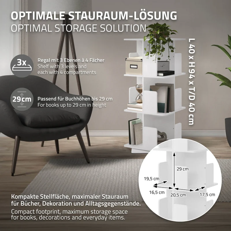 ML-Design | Bücherregal 360° drehbare mit Ebenen & Fächern, freistehend Standregal