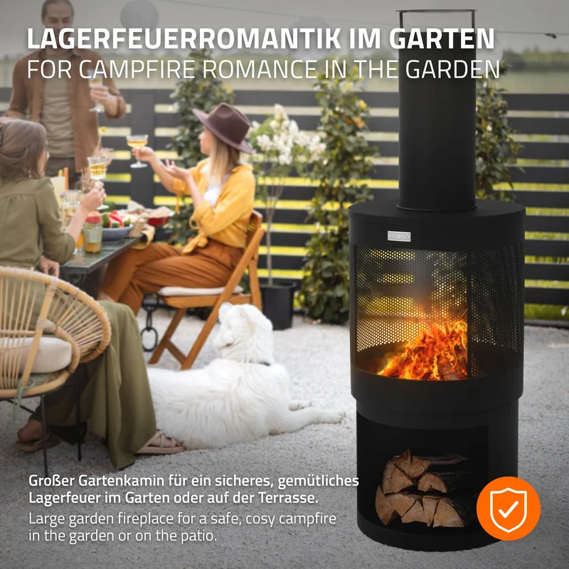 Gartenkamin mit Schornstein 131x45 cm rund Schwarz Stahl Outdoor Terrassenofen mit Schürhaken abnehmbarem Dach ML-Design