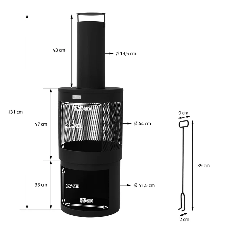 Gartenkamin mit Schornstein 131x45 cm rund Schwarz Stahl Outdoor Terrassenofen mit Schürhaken abnehmbarem Dach ML-Design