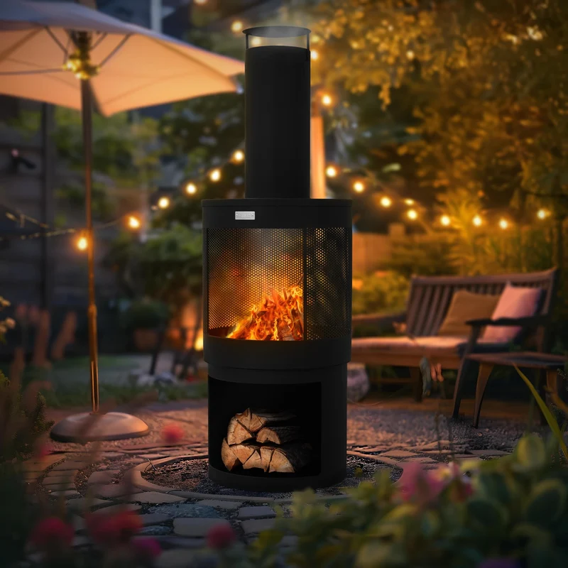 Gartenkamin mit Schornstein 131x45 cm rund Schwarz Stahl Outdoor Terrassenofen mit Schürhaken abnehmbarem Dach ML-Design