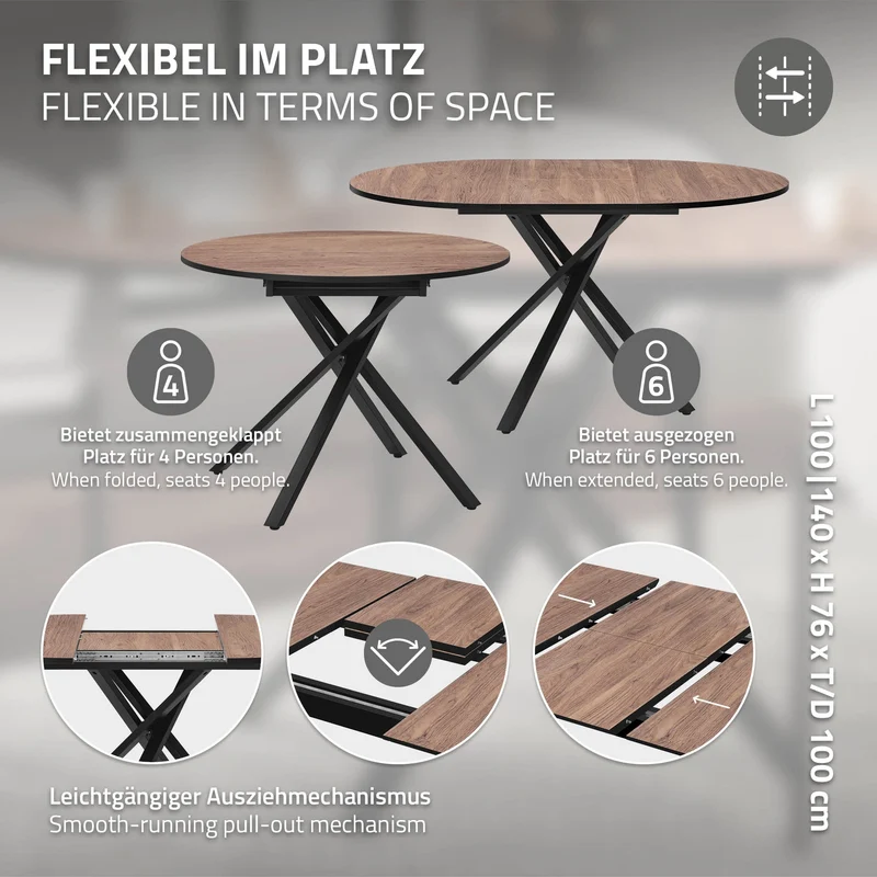 ML-Design | Esstisch ausziehbar rund, 100-140x76x100 cm, Esszimmertisch für 4-6 Personen, Tisch mit X-förmiges Stahlgestell