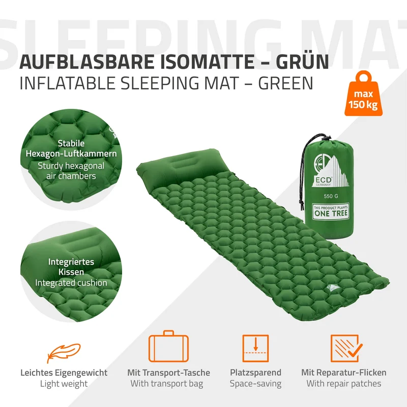 ECD Germany | Isomatte Camping, Campingmatte aufblasbar, Luftmatratze Outdoor mit integriertem Kopfkissen, Ultraleicht, Kompakt & Faltbar