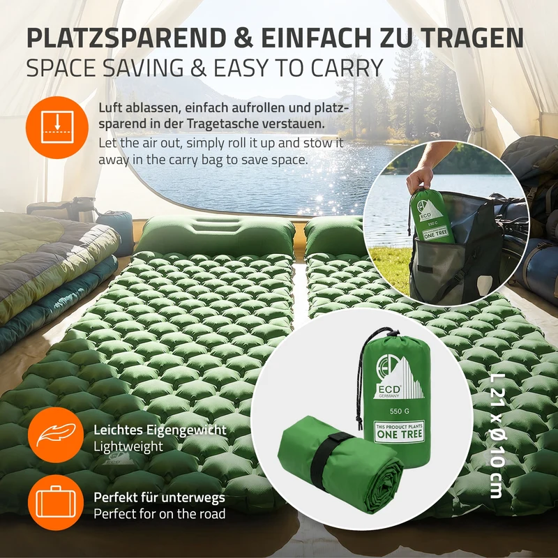 ECD Germany | Isomatte Camping, Campingmatte aufblasbar, Luftmatratze Outdoor mit integriertem Kopfkissen, Ultraleicht, Kompakt & Faltbar