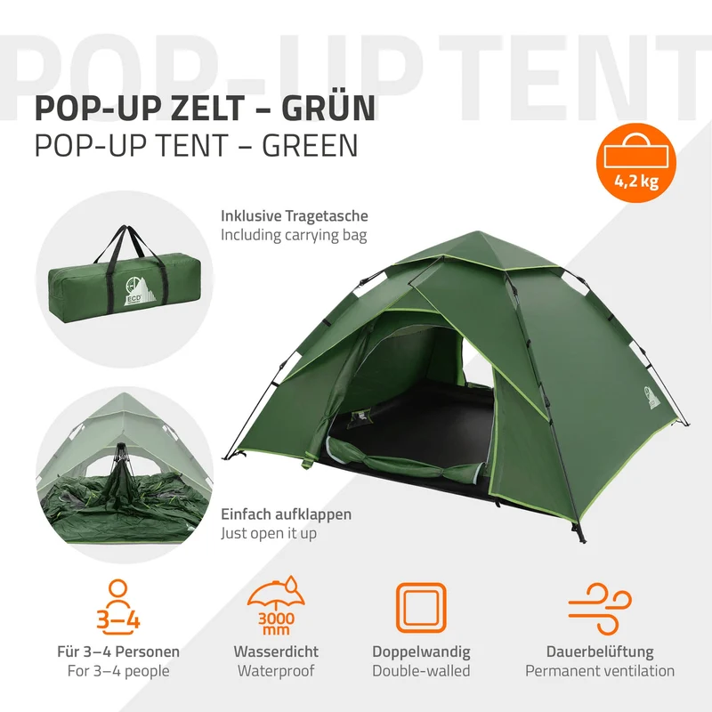 ECD Germany | Pop-Up Zelt für 4 Personen, Campingzelt Outdoor, Kuppelzelt doppelwandig mit 2 Türen, Wurfzelt wasserdicht & winddicht mit Tragetasche
