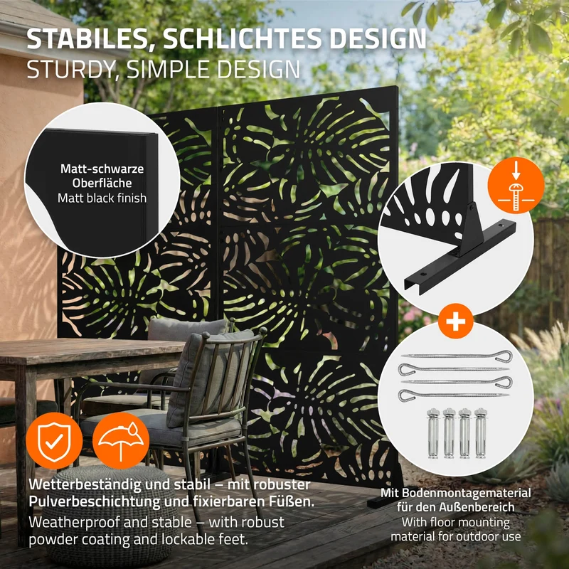 ML-Design | Metall-Sichtschutz mit Ständer, 3 Paneele erweiterbar, Schwarz aus Stahl, Raumteiler Trennwand