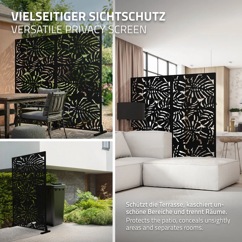 ML-Design | Metall-Sichtschutz mit Ständer, 3 Paneele erweiterbar, Schwarz aus Stahl, Raumteiler Trennwand