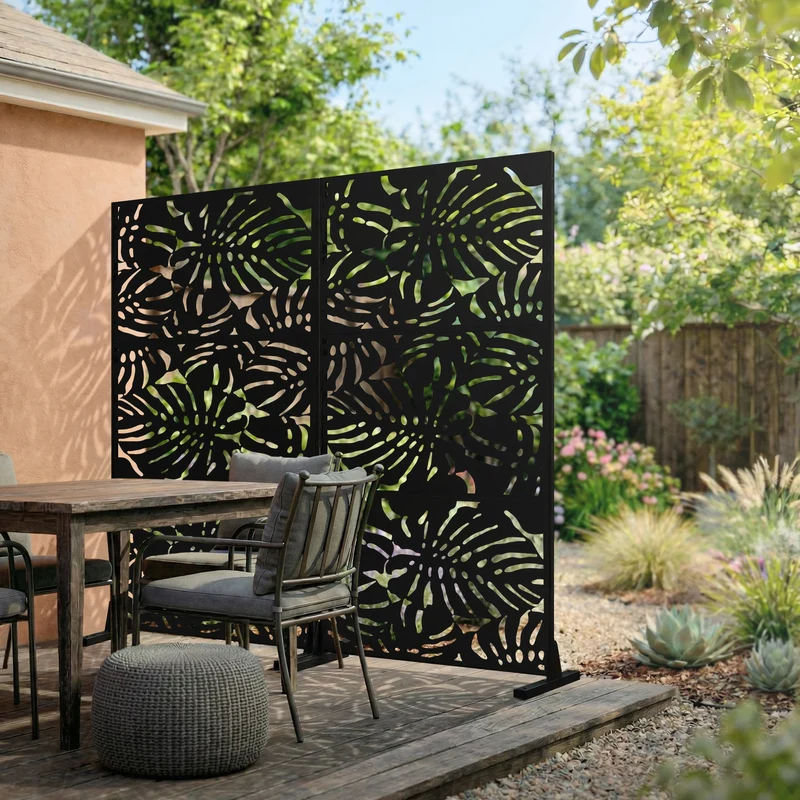 ML-Design | Metall-Sichtschutz mit Ständer, 3 Paneele erweiterbar, Schwarz aus Stahl, Raumteiler Trennwand