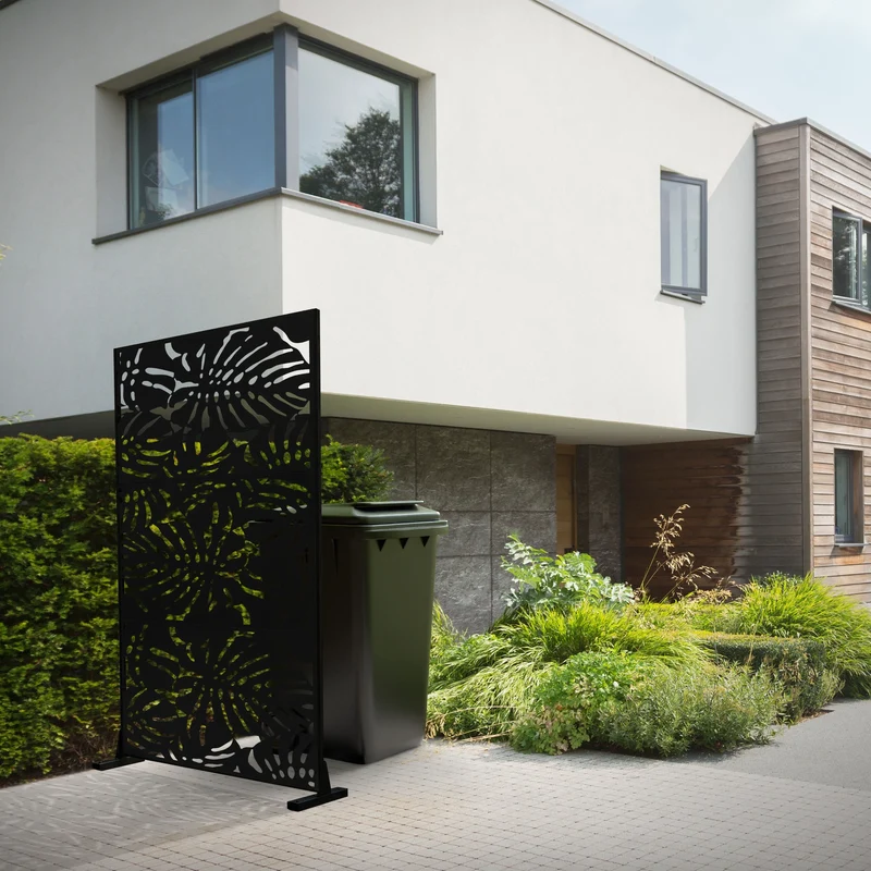ML-Design | Metall-Sichtschutz mit Ständer, 3 Paneele erweiterbar, Schwarz aus Stahl, Raumteiler Trennwand