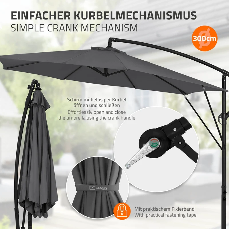 ML-Design | Ampelschirm mit Kurbel, Abdeckung & Ständer, 360°, Ø 300 cm, aus Aluminium, Rund Sonnenschirm mit/ohne LED