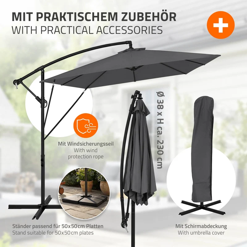 ML-Design | Ampelschirm mit Kurbel, Abdeckung & Ständer, 360°, Ø 330 cm, aus Aluminium, Rechteckig Sonnenschirm mit/ohne LED