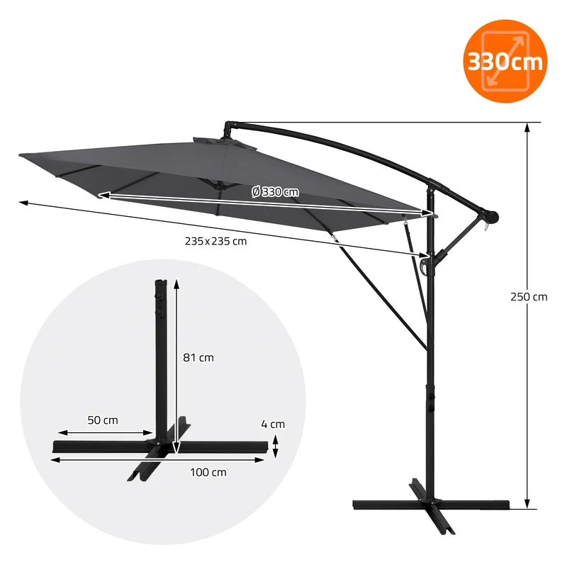 ML-Design | Ampelschirm mit Kurbel, Abdeckung & Ständer, 360°, Ø 330 cm, aus Aluminium, Rechteckig Sonnenschirm mit/ohne LED