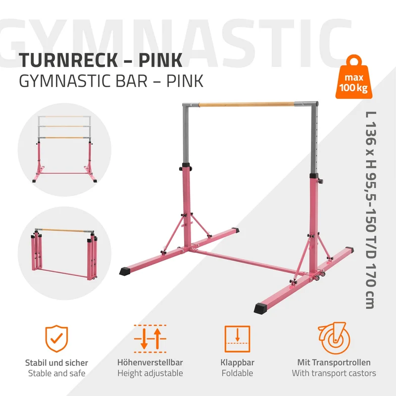 HAUKI | Gymnastik Turnreck faltbar, höhenverstellbar, 95,5-150 cm, Gymnastikstange für Kinder, Reckstange