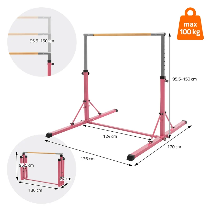 HAUKI | Gymnastik Turnreck faltbar, höhenverstellbar, 95,5-150 cm, Gymnastikstange für Kinder, Reckstange