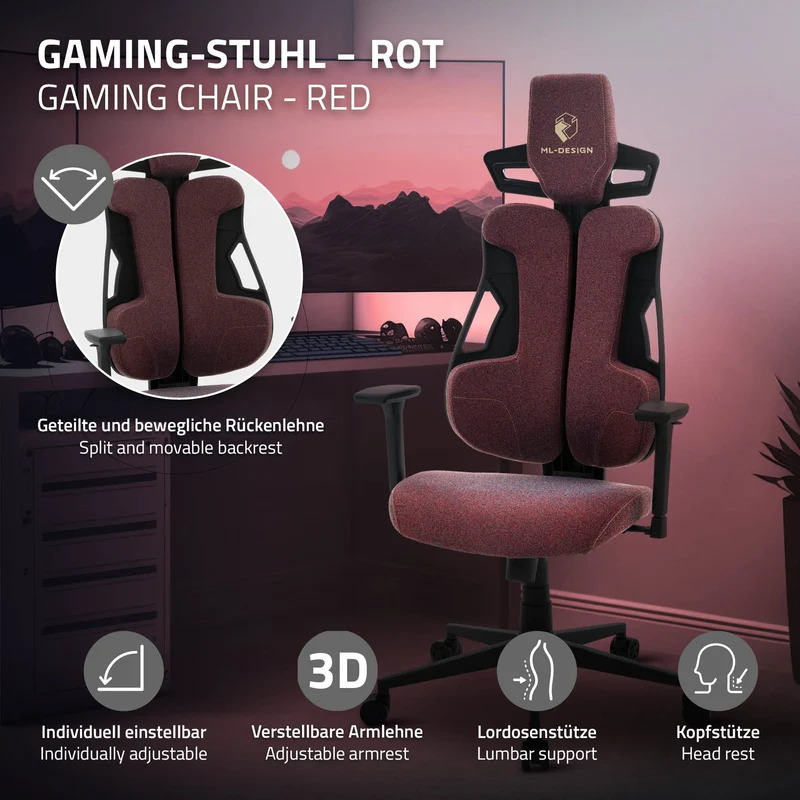 ML-Design | Gaming Stuhl mit Armlehne, Kopfstütze und Lordosenstütze, 68 x 135–142 x 69 cm, aus Stoff