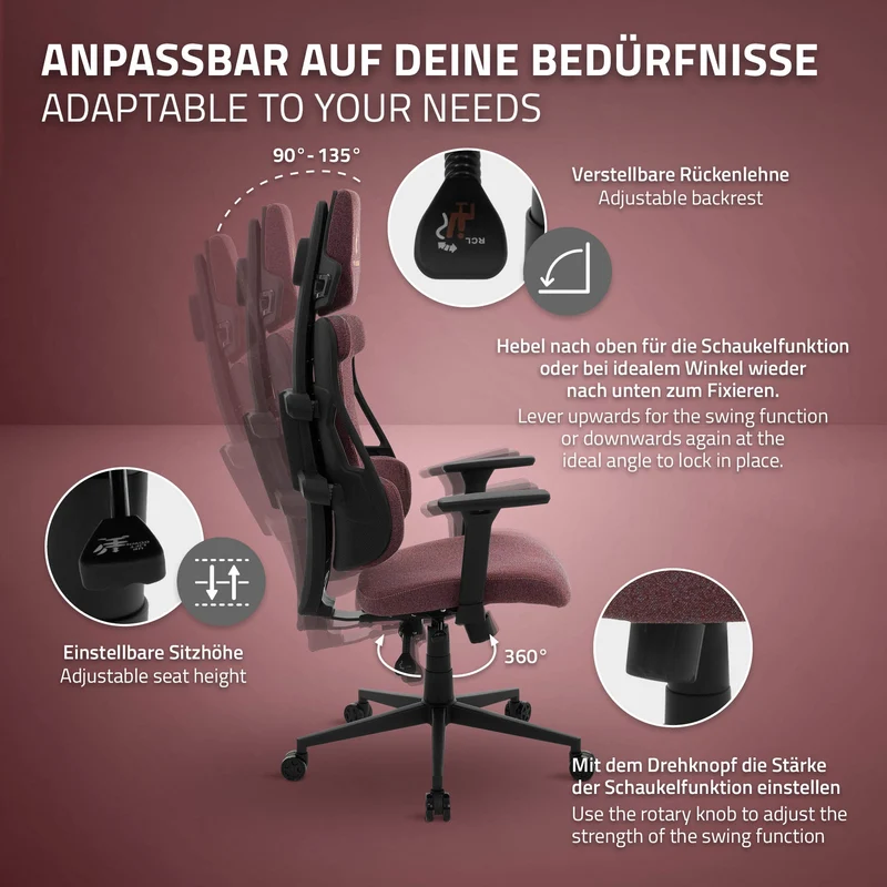 ML-Design | Gaming Stuhl mit Armlehne, Kopfstütze und Lordosenstütze, 68 x 135–142 x 69 cm, aus Stoff