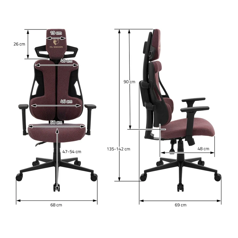 ML-Design | Gaming Stuhl mit Armlehne, Kopfstütze und Lordosenstütze, 68 x 135–142 x 69 cm, aus Stoff