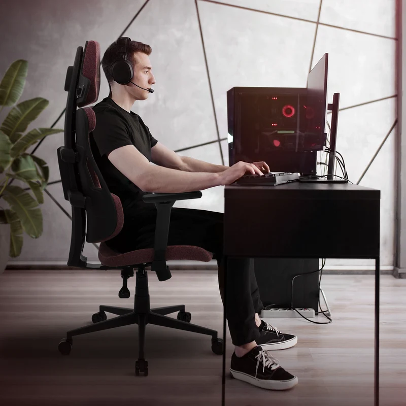 ML-Design | Gaming Stuhl mit Armlehne, Kopfstütze und Lordosenstütze, 68 x 135–142 x 69 cm, aus Stoff