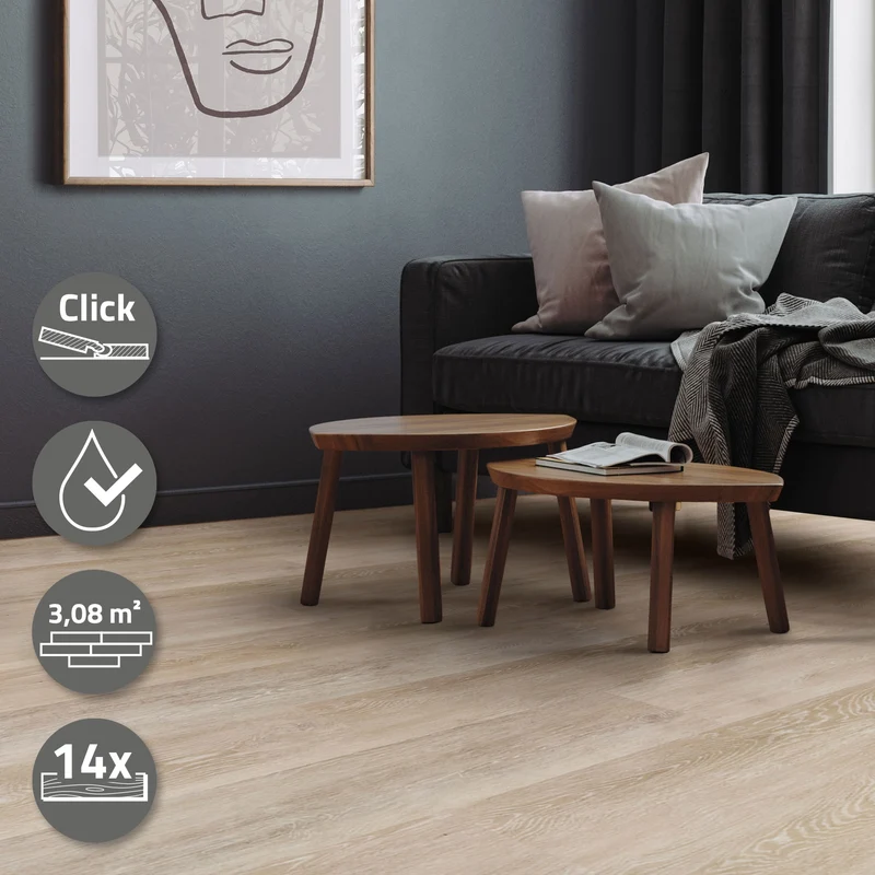 2er Set PVC Vinylboden Bodenbelag 7 Dielen 4,2mm für 1,54m² mit Klick-System Eiche Afterglow ML-Design