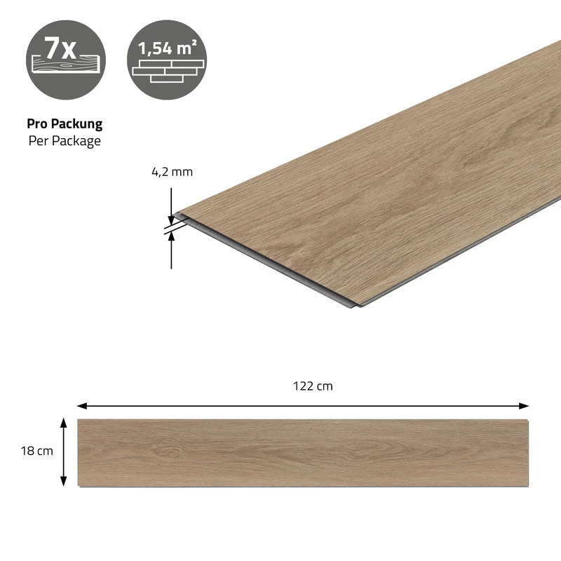 5er Set PVC Vinylboden Bodenbelag 7 Dielen 4,2mm für 1,54m² mit Klick-System Eiche Golden Hour ML-Design