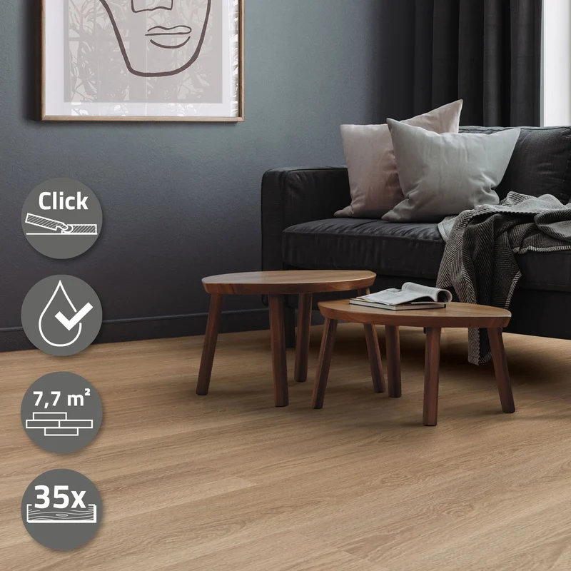 5er Set PVC Vinylboden Bodenbelag 7 Dielen 4,2mm für 1,54m² mit Klick-System Eiche Golden Hour ML-Design