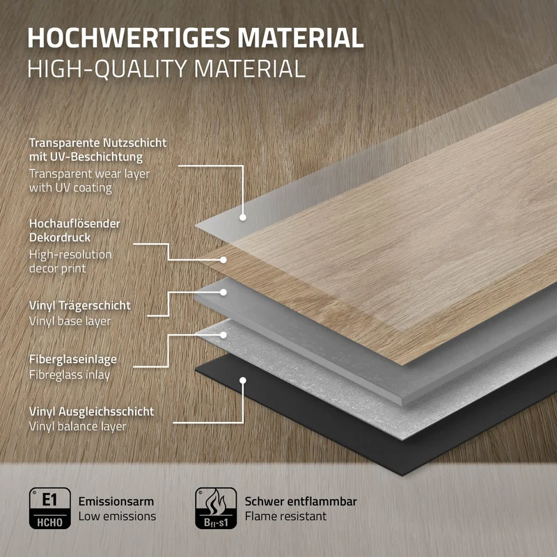 4er Set PVC Vinylboden Bodenbelag 7 Dielen 4,2mm für 1,54m² mit Klick-System Eiche Golden Hour ML-Design