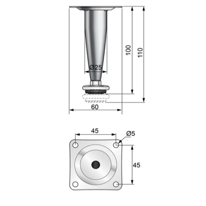 Möbelfüße Verstellbar Kegelförmig 100mm - Chrom