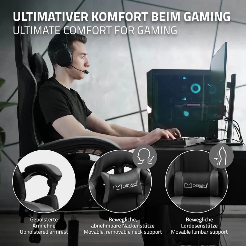 B-Ware Massage Gaming Stuhl Schwarz/Grau aus PU-Leder ML-Design