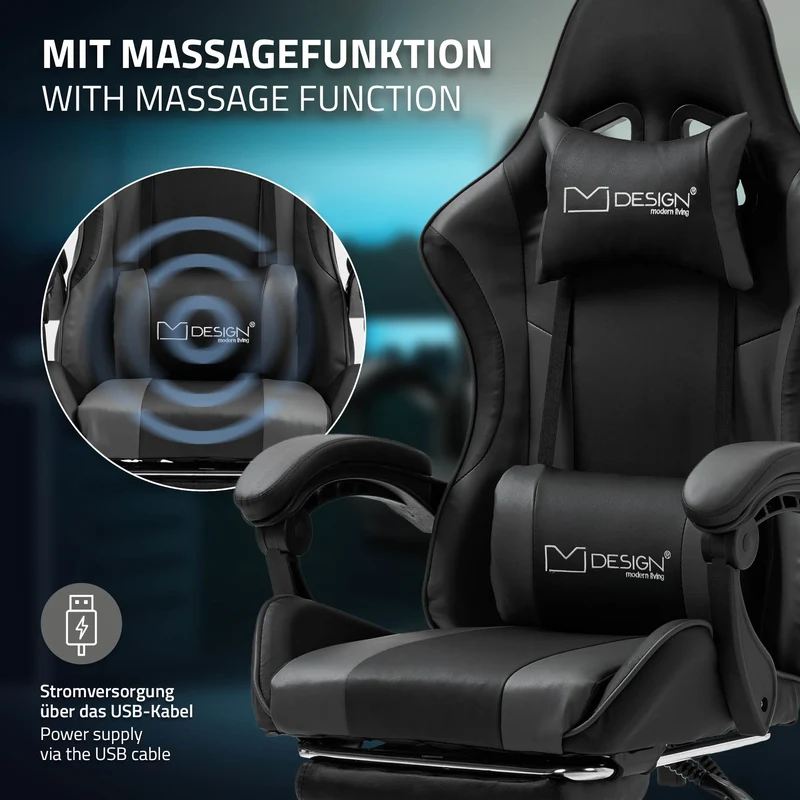 B-Ware Massage Gaming Stuhl Schwarz/Grau aus PU-Leder ML-Design